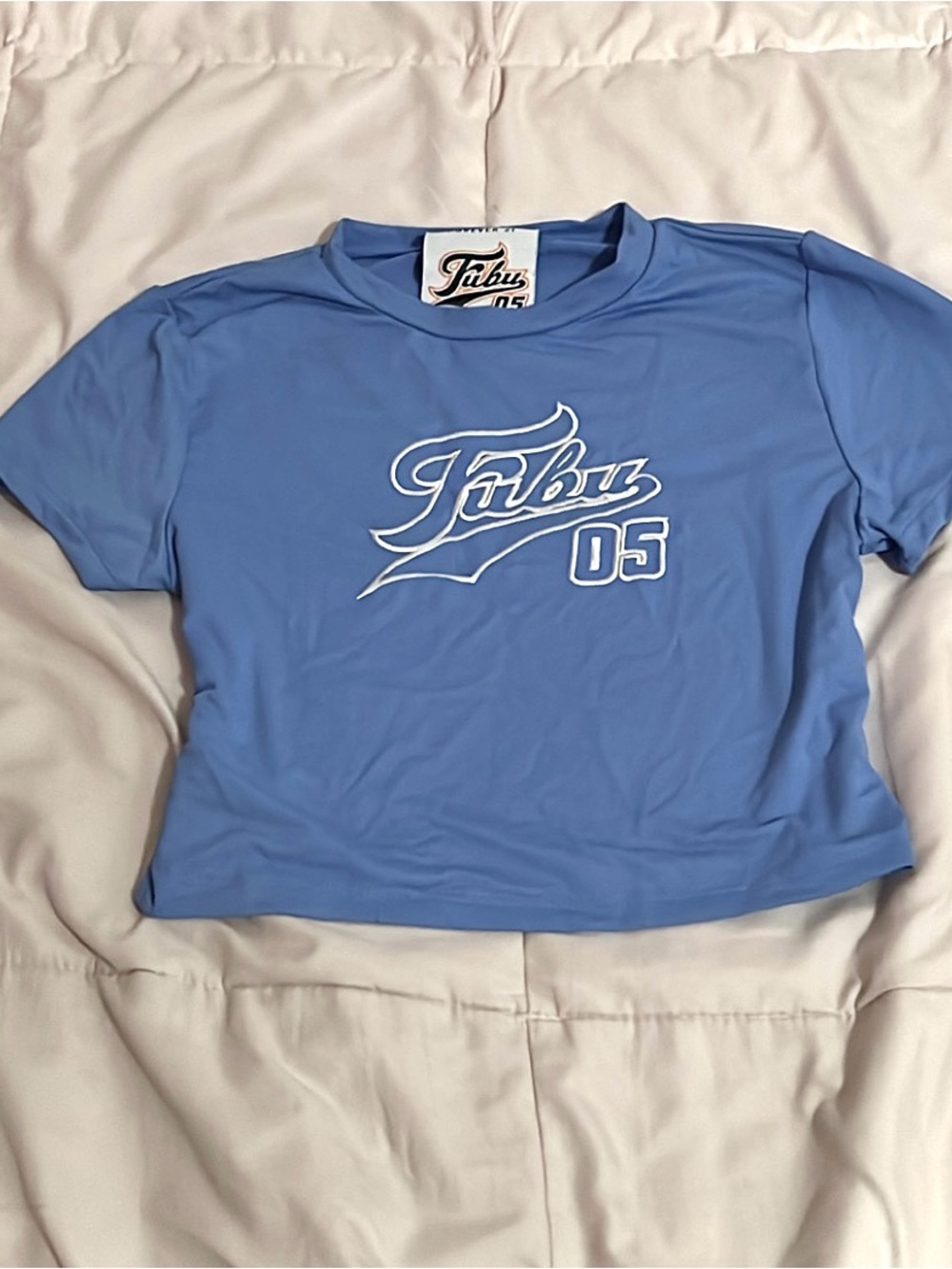 Forever 21 x FUBU Light Blue Cropped Graphic Top with White Logo